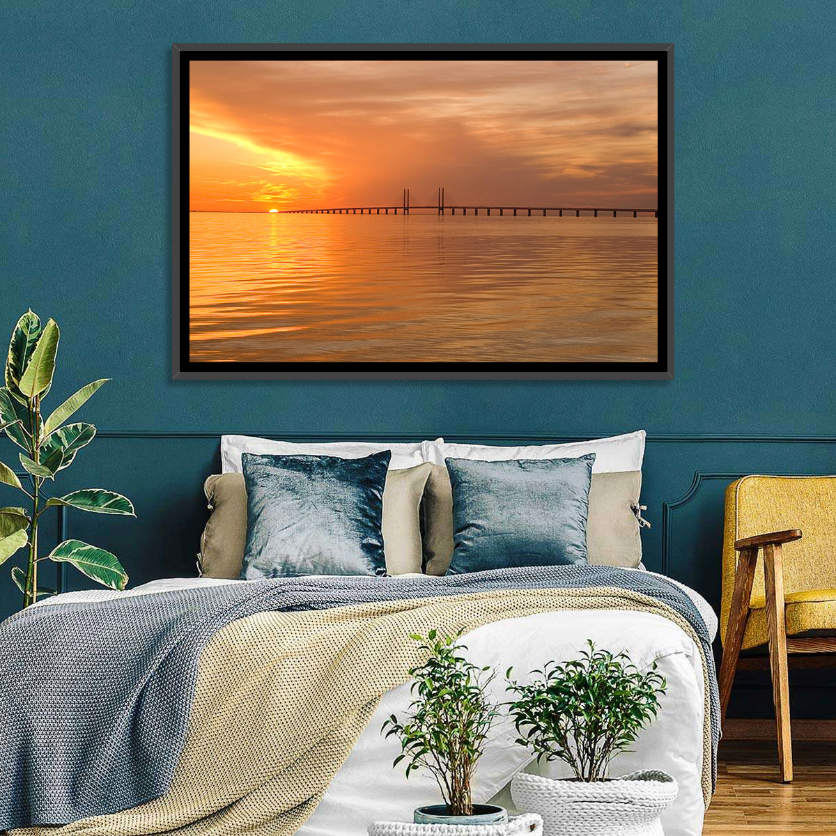 Øresund Bridge in Golden Light Wall Art in a room, landscape