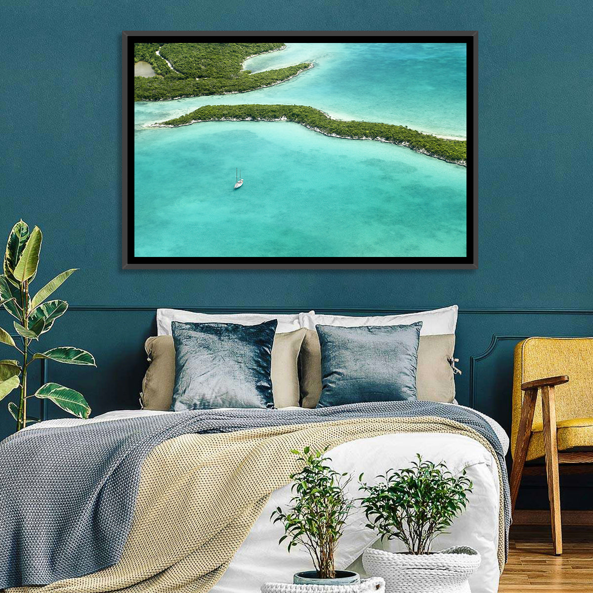 Turquoise Bahamas Islands Wall Art in a room, landscape