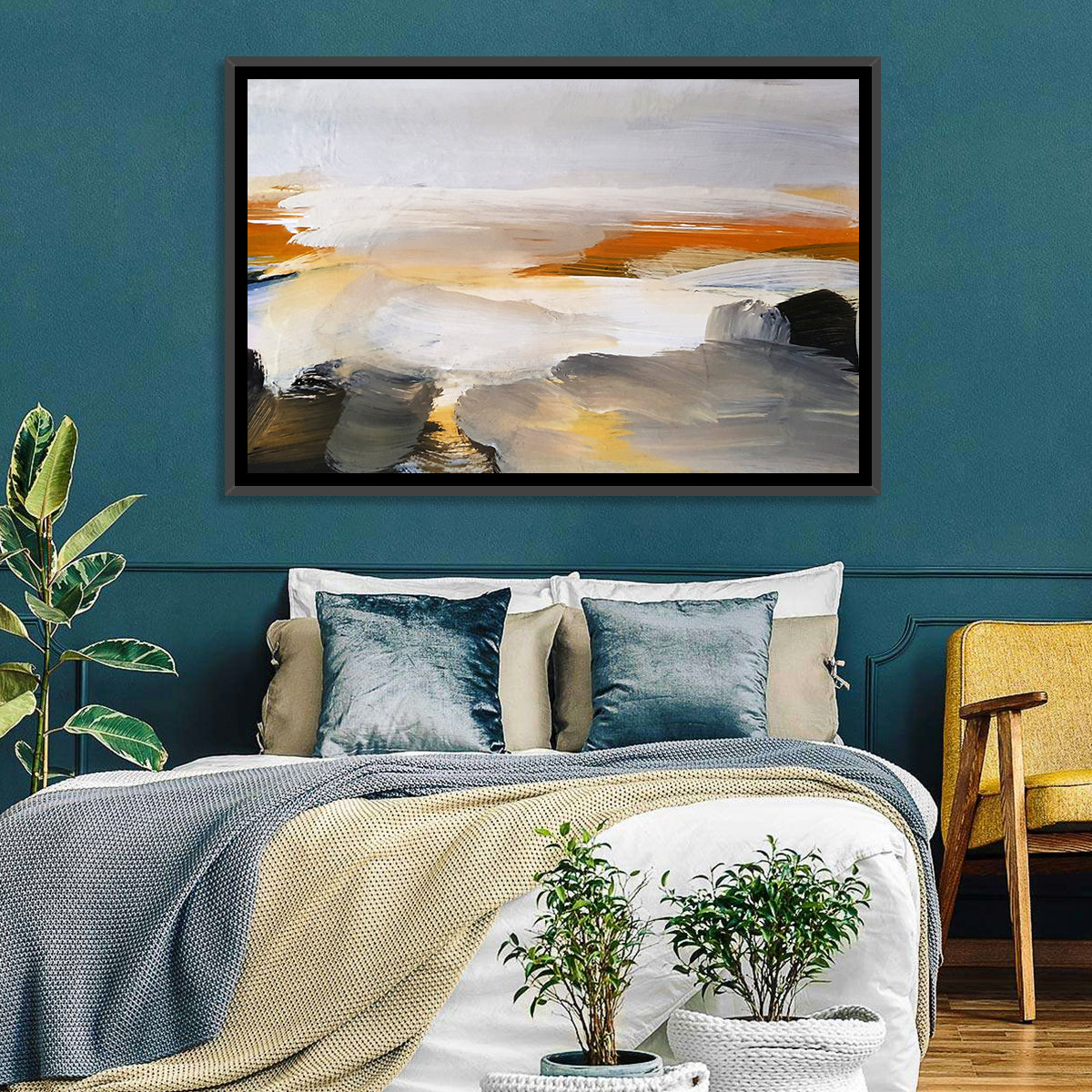 Misty Coastal Horizon Wall Art in a room, landscape