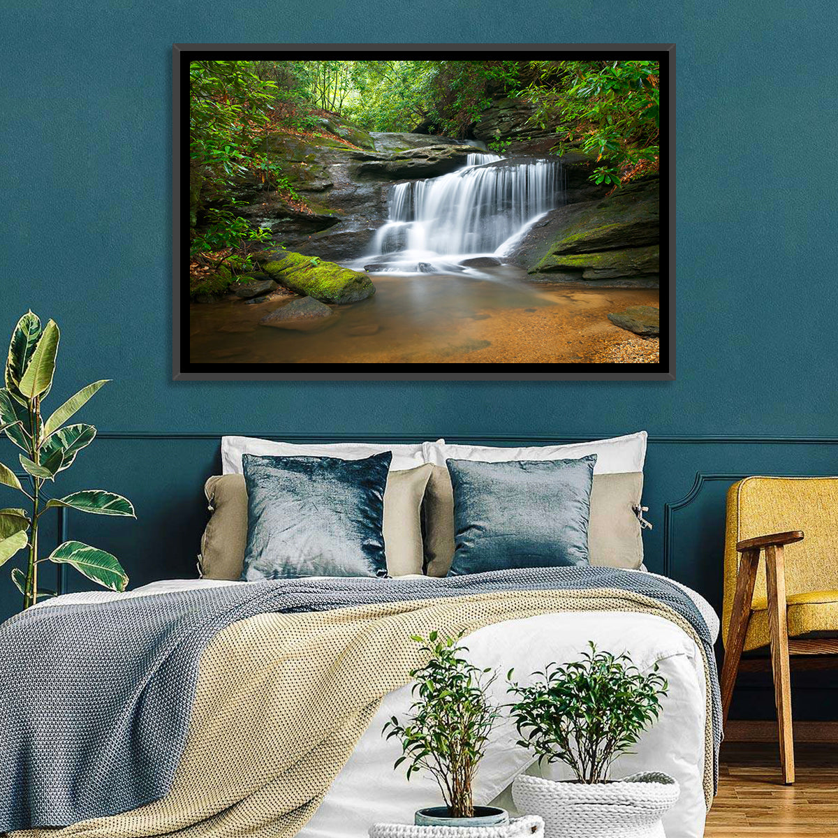 Blue Ridge Mossy Waterfall Wall Art in a room, landscape
