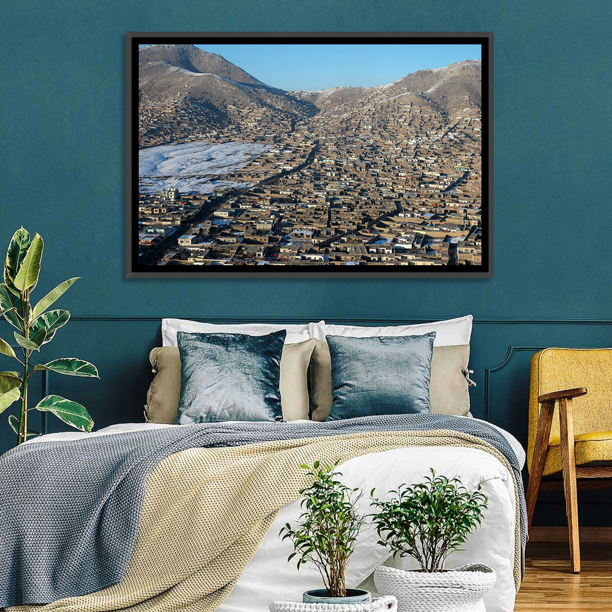 Kabul Winter Cityscape Wall Art in a room, landscape