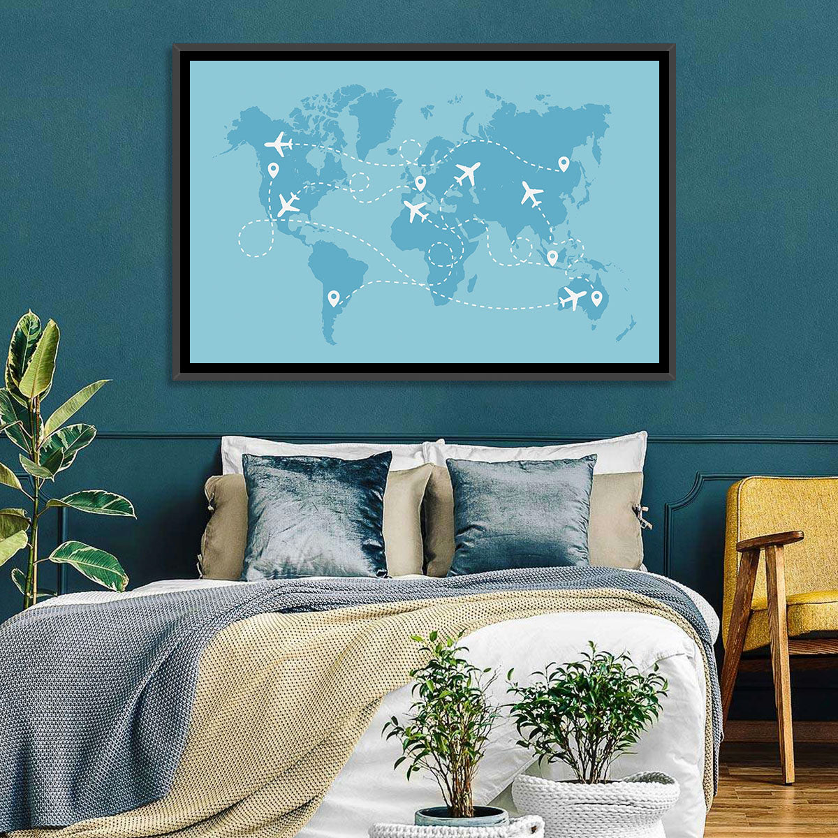 World Flight Routes Map Wall Art in a room, landscape