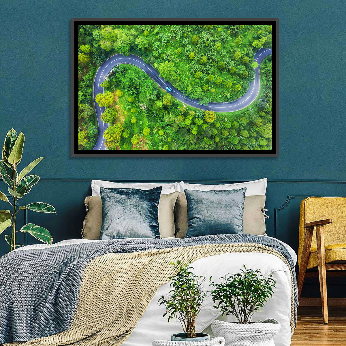 Blue Car on Summer Forest Road Wall Art in a room, landscape