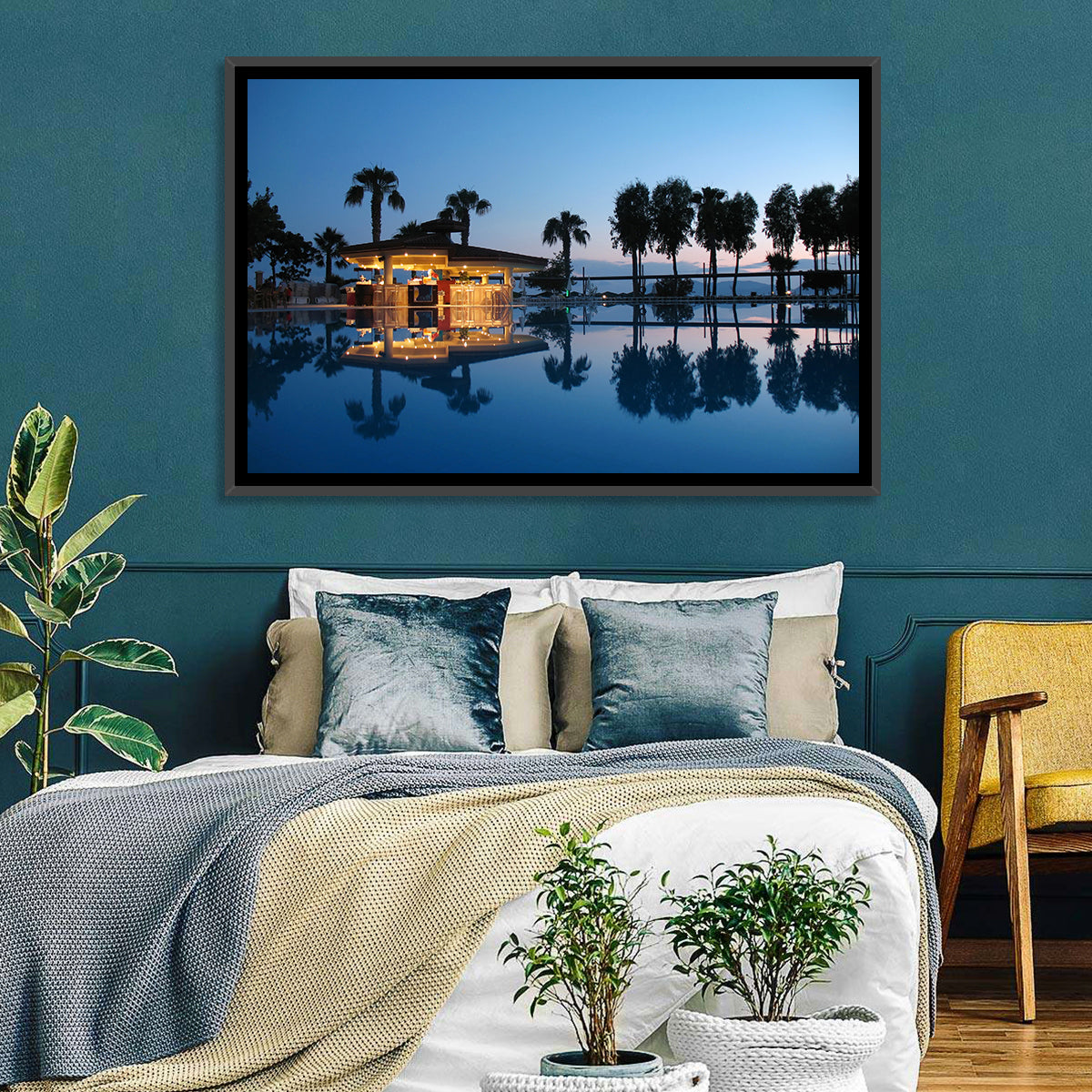 Twilight Poolside Bar Wall Art in a room, landscape