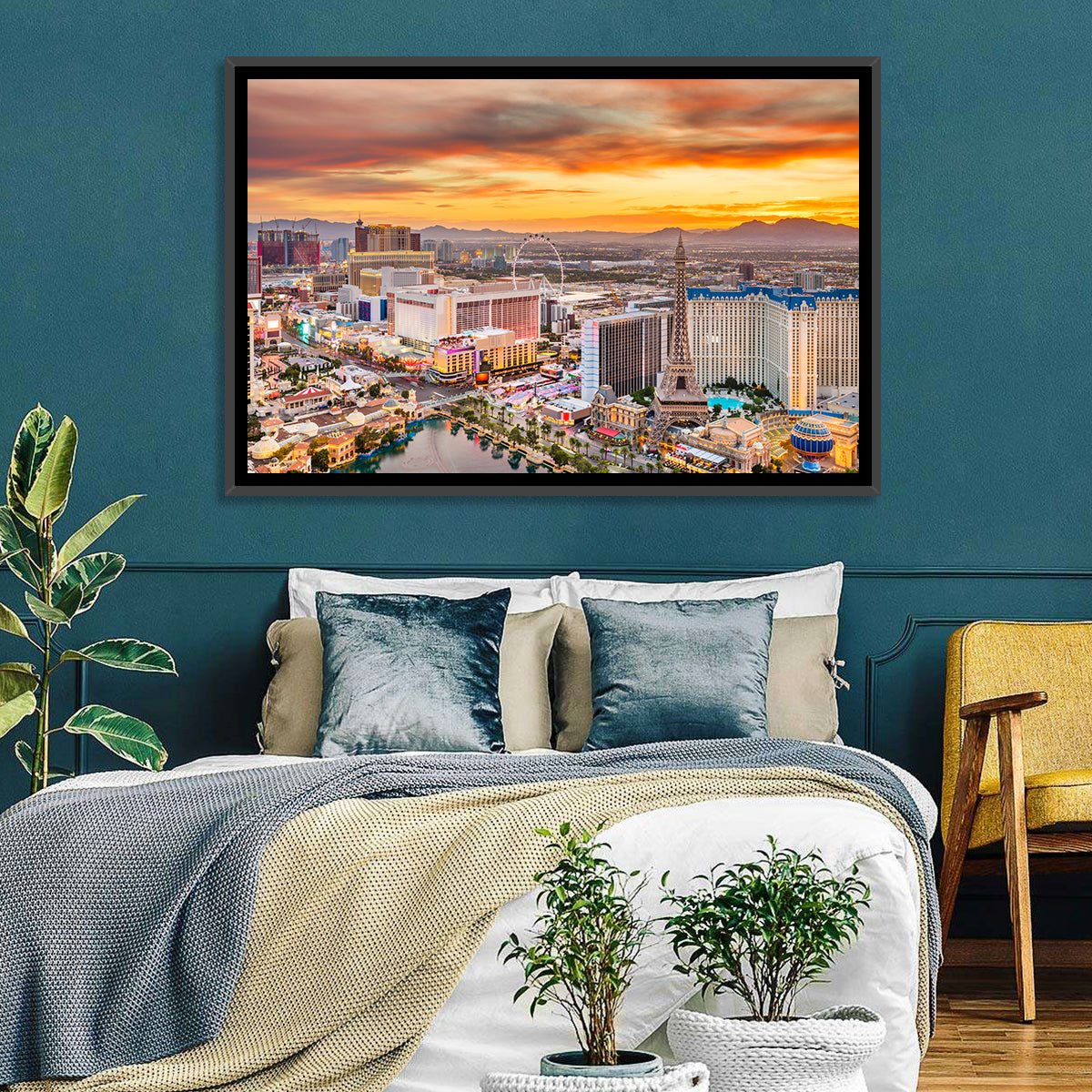 Las Vegas Strip Sunset Cityscape Wall Art in a room, landscape