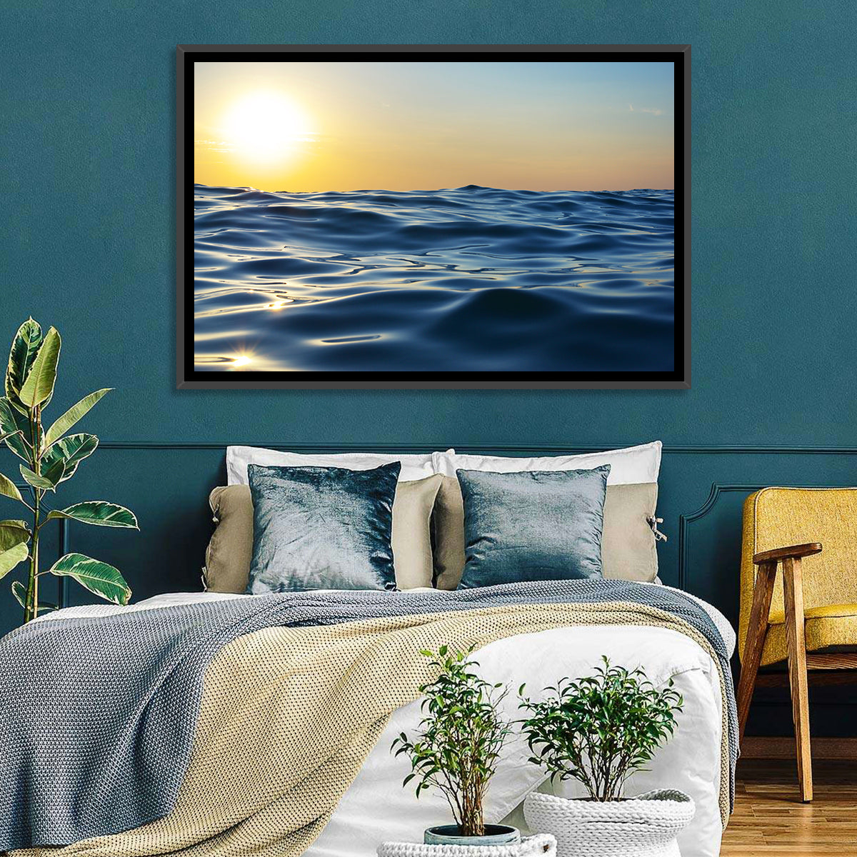 Sunset Over Calm Waves Wall Art in a room, landscape