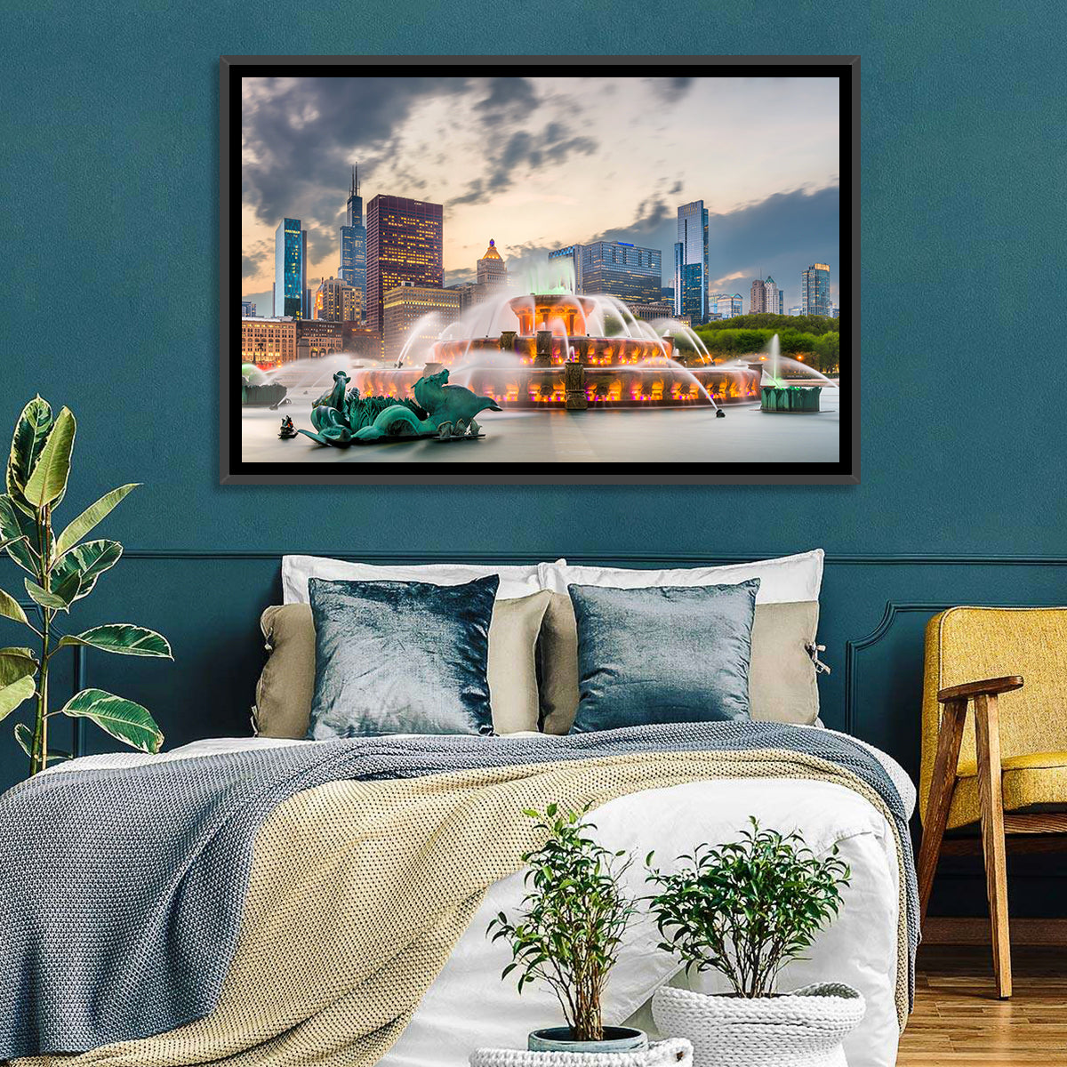 Buckingham Fountain and Chicago Skyline Wall Art in a room, landscape