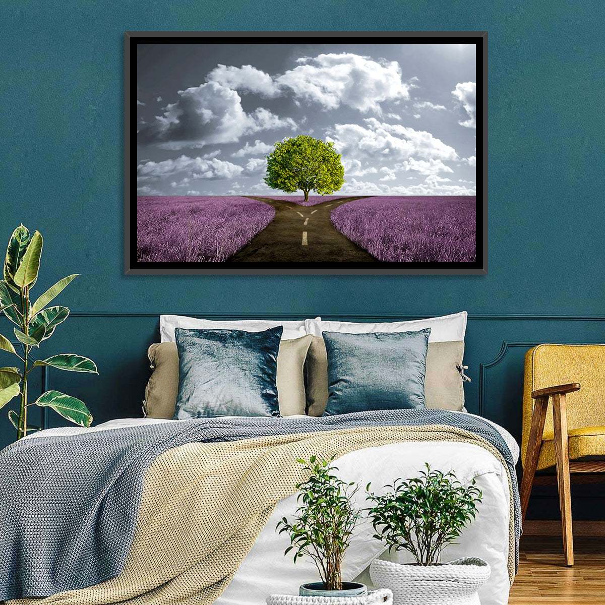 Lavender Field Crossroads with Lone Tree Wall Art in a room, landscape