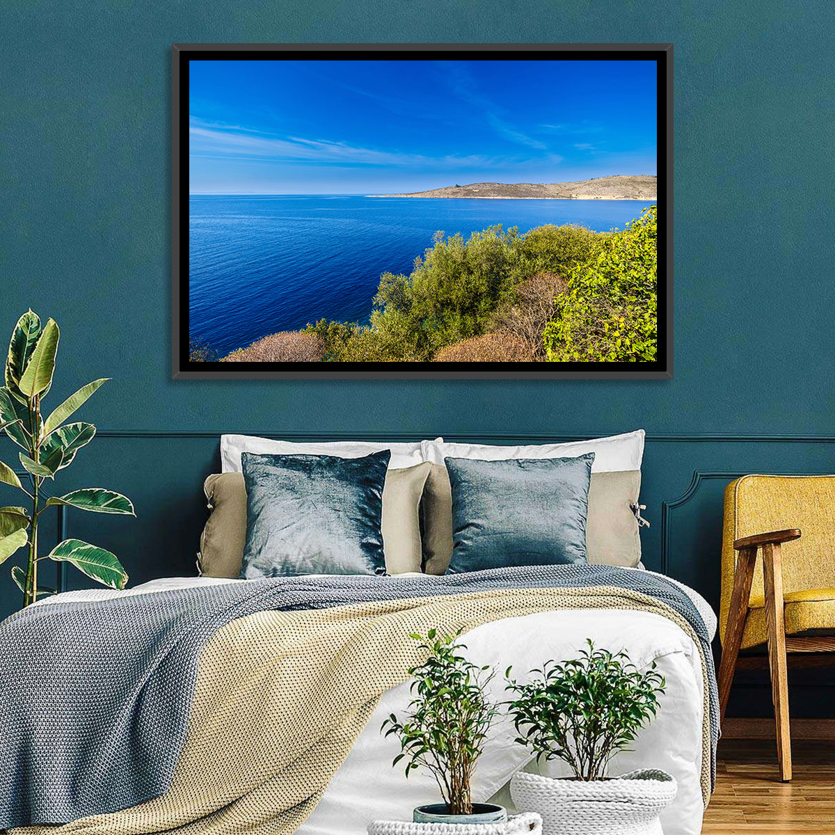 Sunlit Albanian Coastline Wall Art in a room, landscape