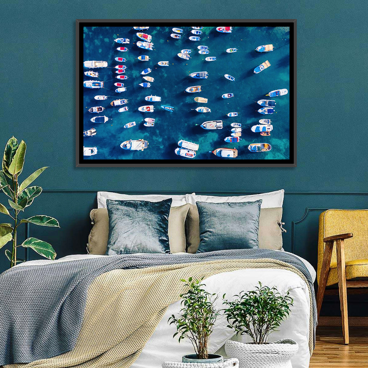 Aerial Boats Over Turquoise Sea Wall Art in a room, landscape