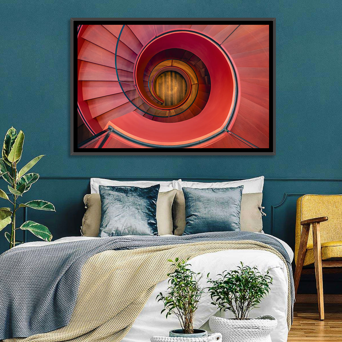 Red Spiral Staircase Wall Art in a room, landscape