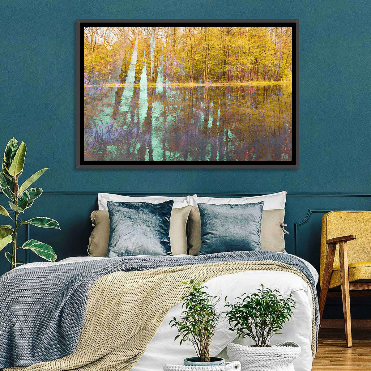 Autumn River Reflection Wall Art in a room, landscape