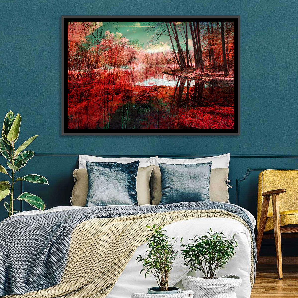 Red Forest Reflection Wall Art in a room, landscape