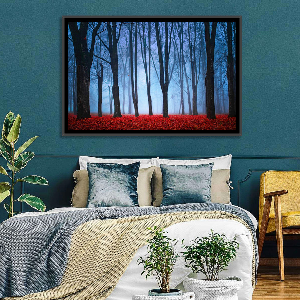 Mystical Autumn Forest Wall Art in a room, landscape