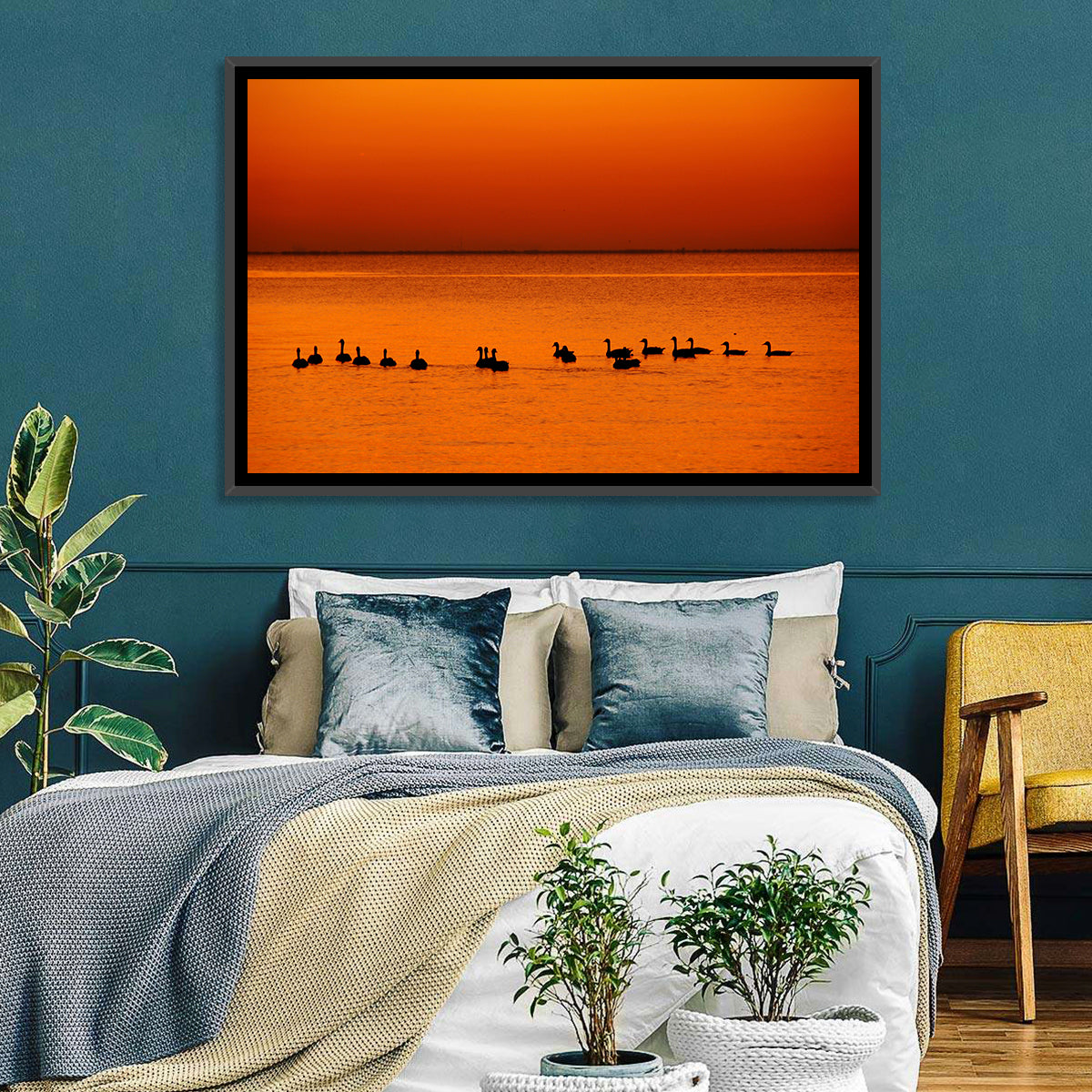 Geese Silhouettes at Orange Sunset Wall Art in a room, landscape