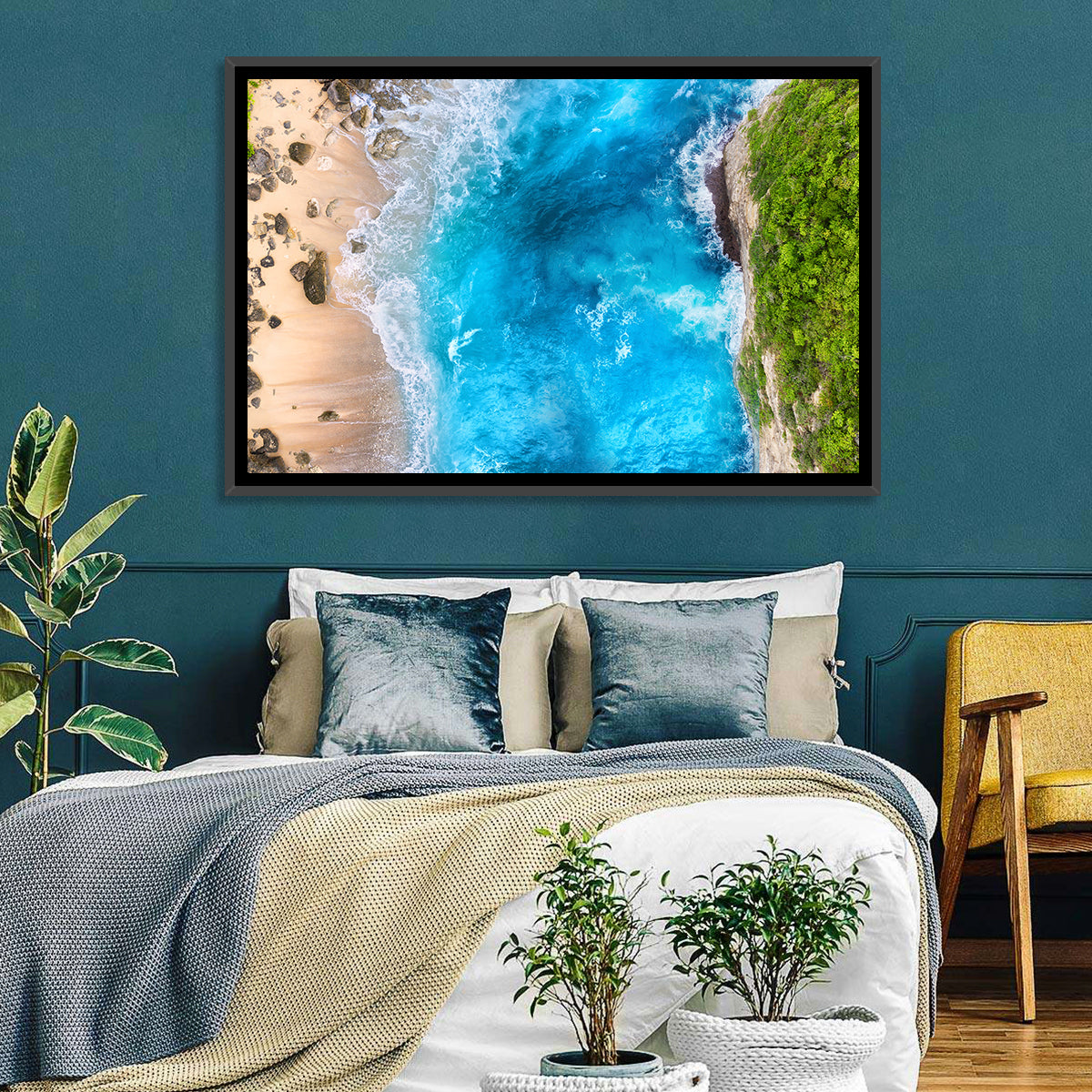 Aerial Turquoise Beach Cliffs Wall Art in a room, landscape