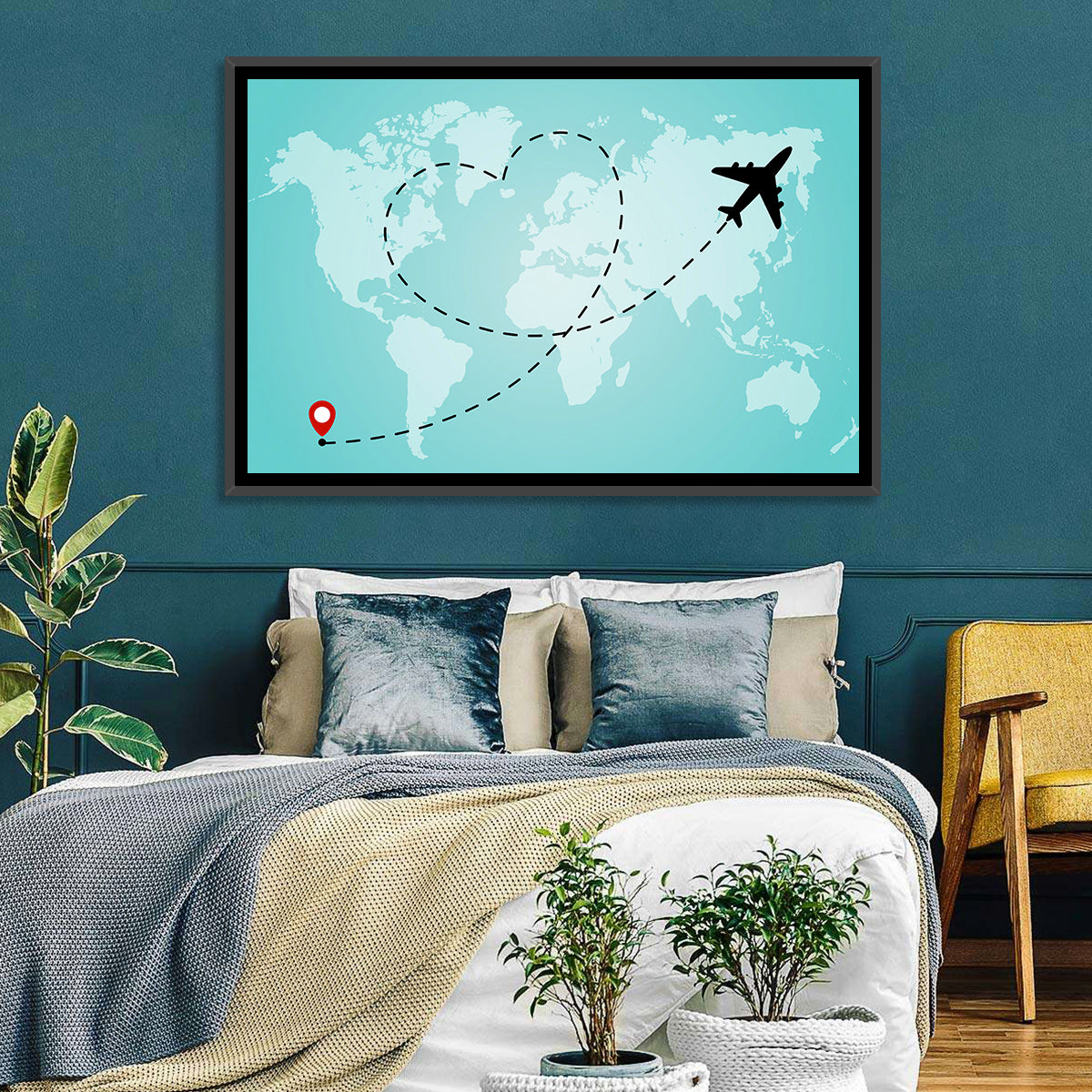 Heart Flight Map Wall Art in a room, landscape