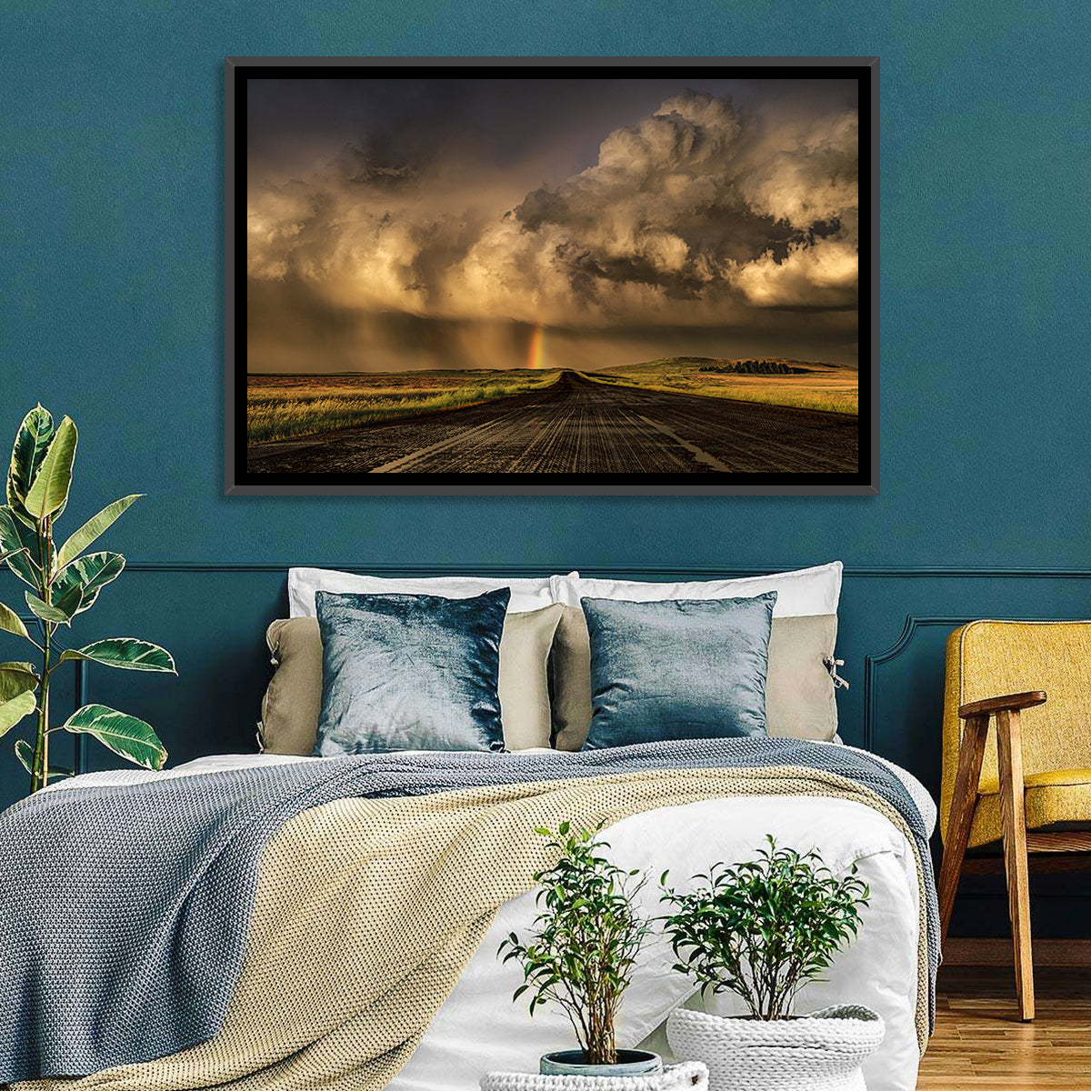 Rain-soaked Road to Rainbow Wall Art in a room, landscape