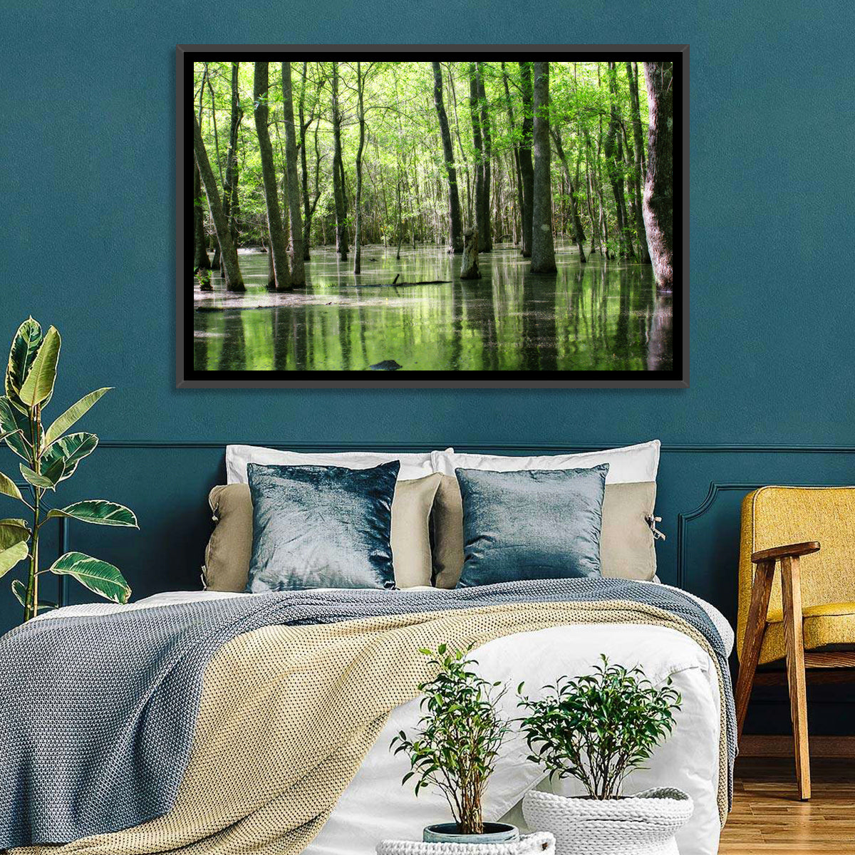 Sunlit Swamp Forest Wall Art in a room, landscape
