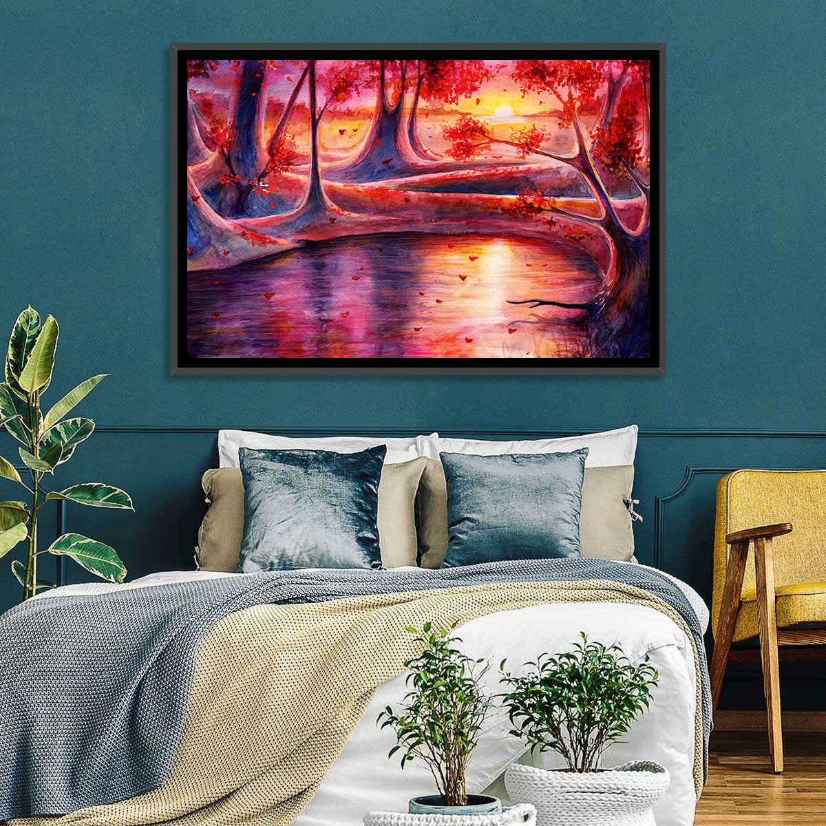 Autumn Forest Lake at Dusk Wall Art in a room, landscape