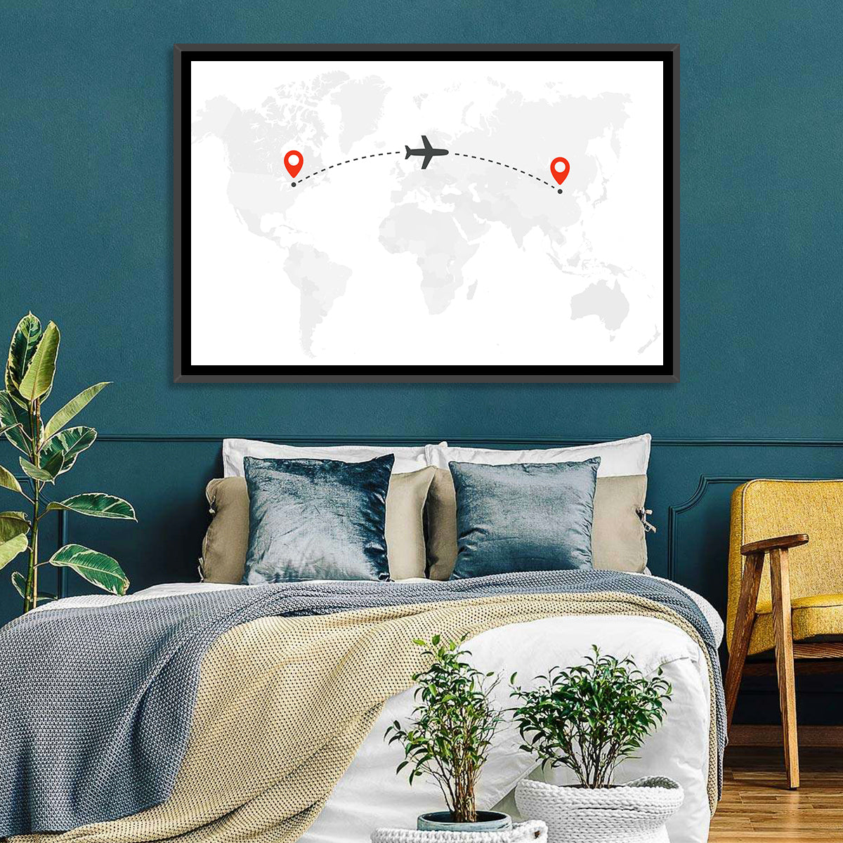 Air Travel World Map Wall Art in a room, landscape