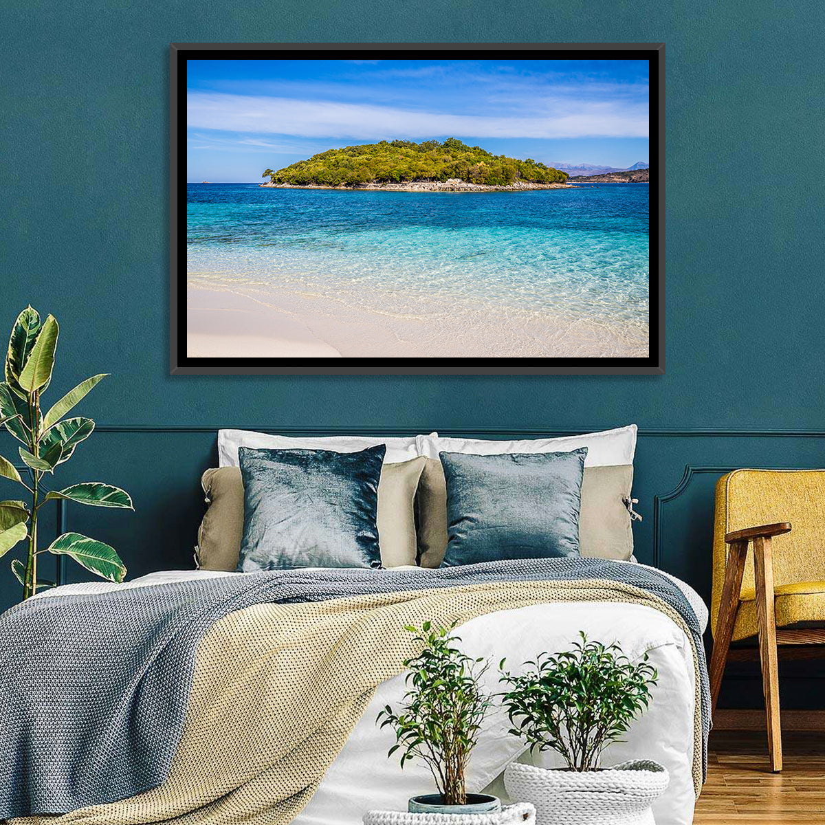 Butrint Turquoise Island Beach Wall Art in a room, landscape