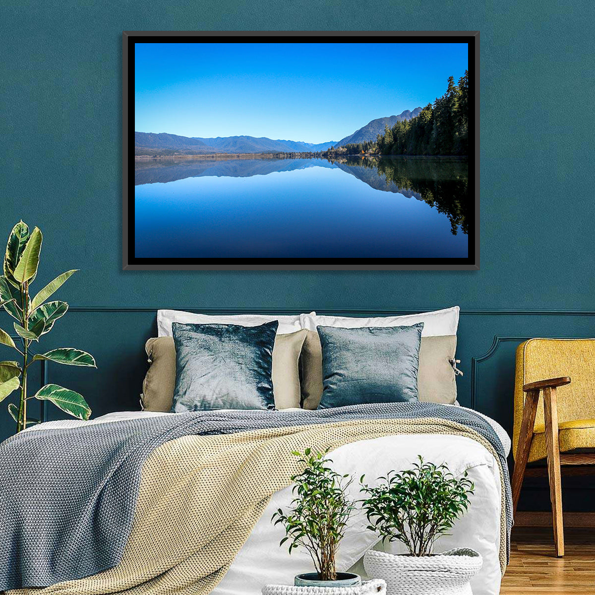 Lake Quinault Reflection Wall Art in a room, landscape