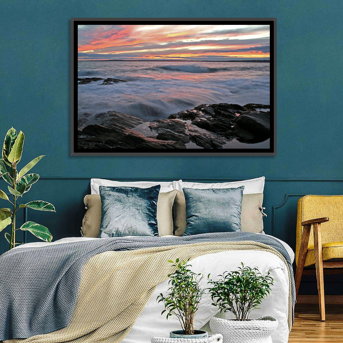 Rocky Coast Sunset Wall Art in a room, landscape