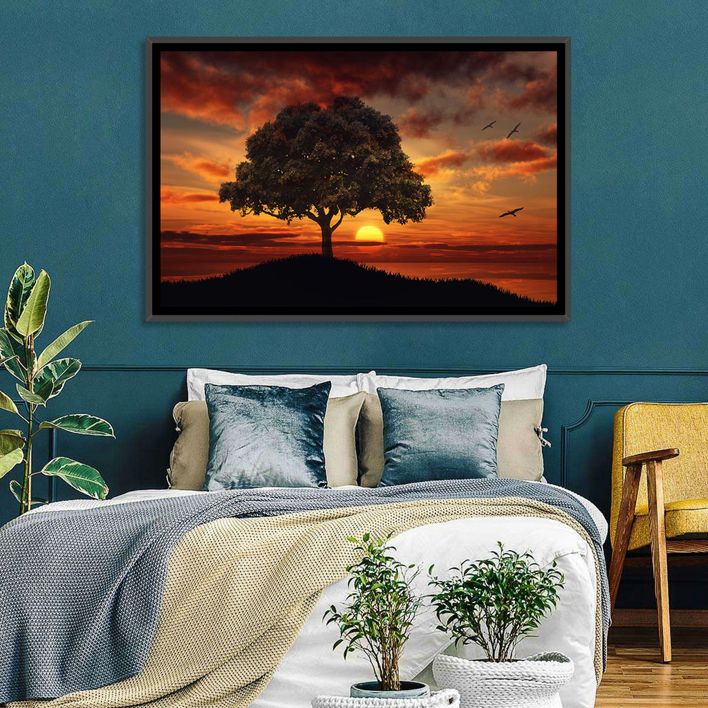 Lone Tree at Sunset with Birds Wall Art