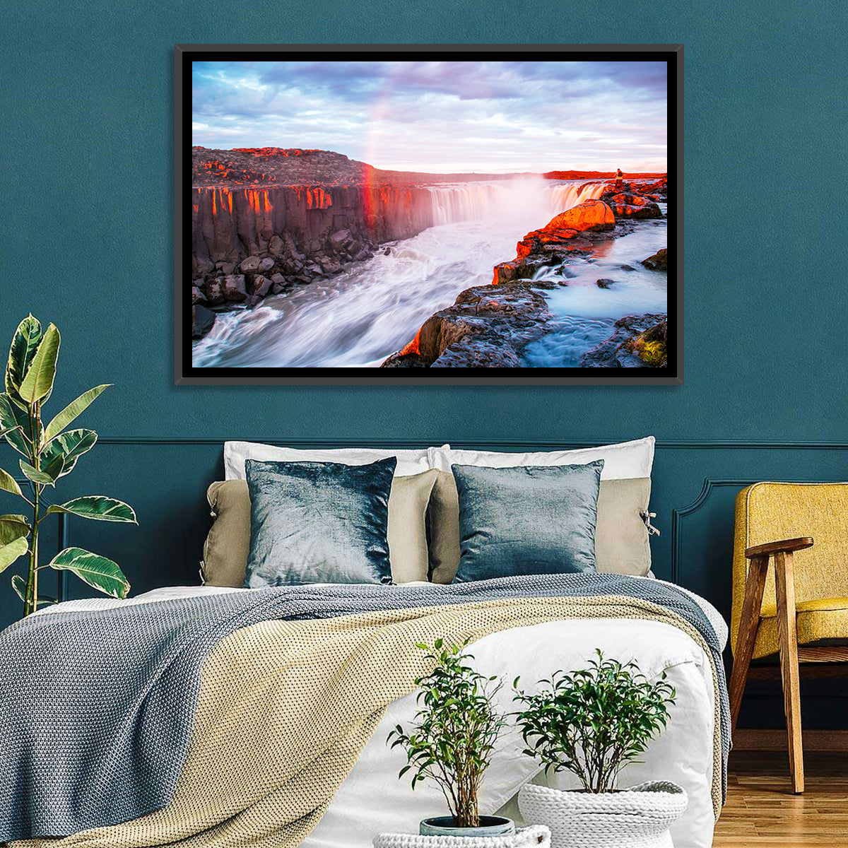 Golden Hour Selfoss Falls Rainbow Wall Art in a room, landscape