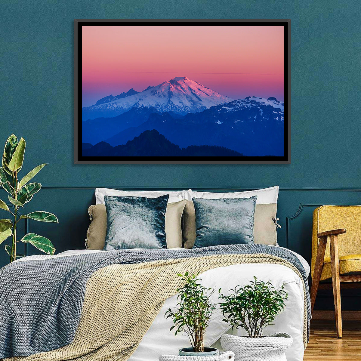 Mount Baker Alpenglow Wall Art in a room, landscape