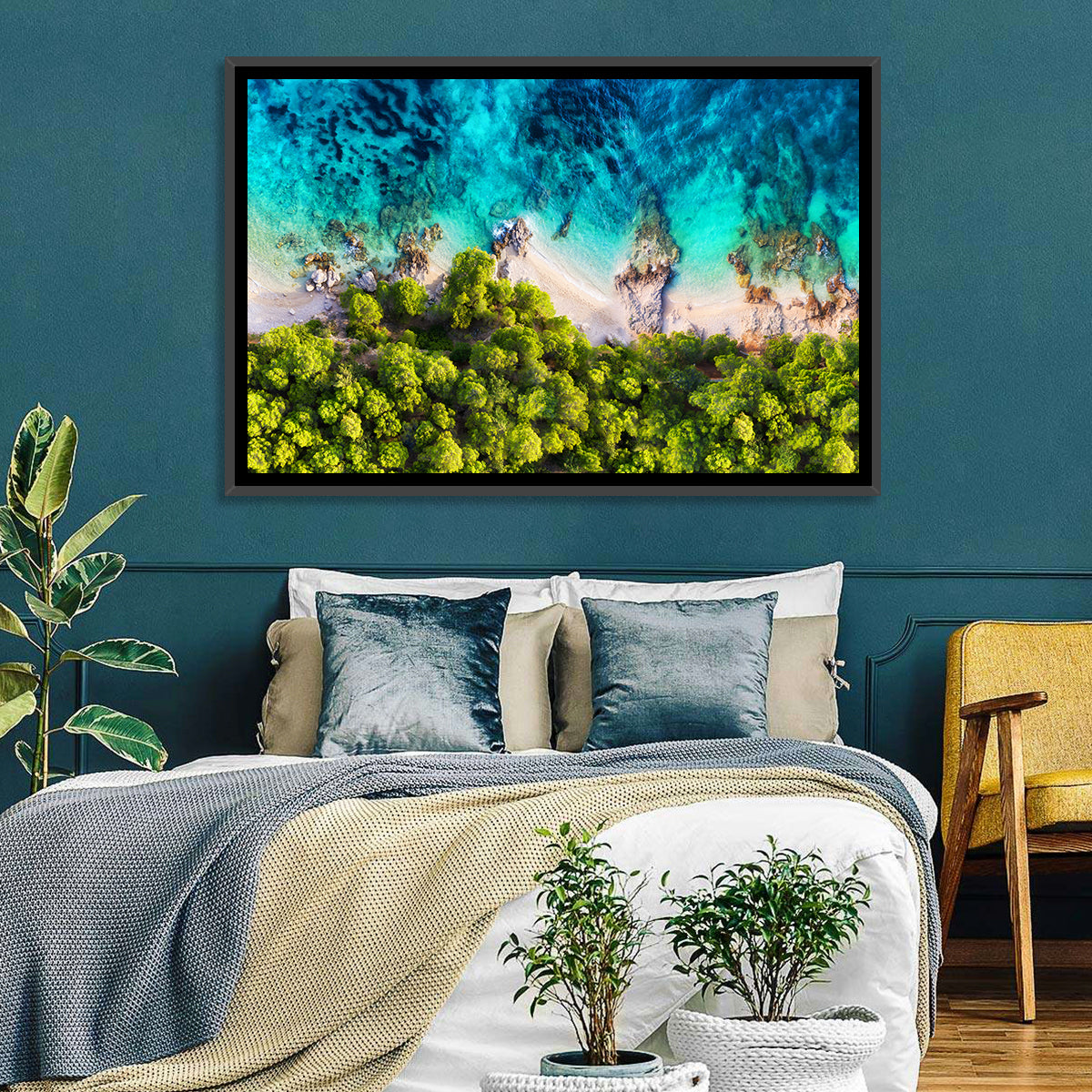 Croatian Turquoise Coastline Wall Art in a room, landscape