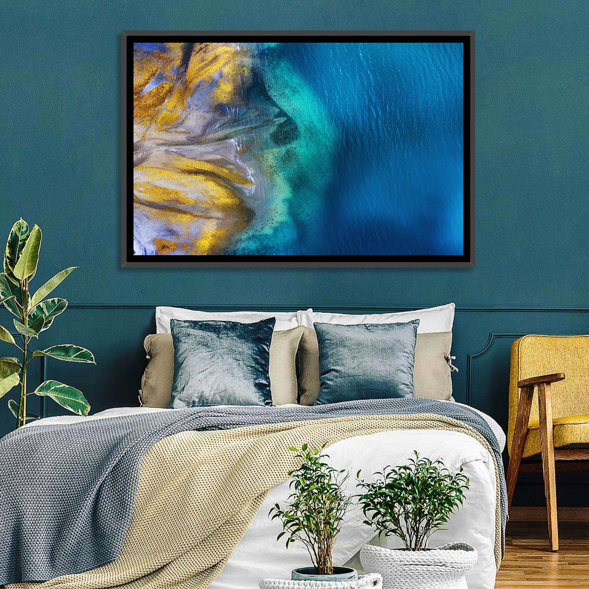 Golden Coast Abstract Wall Art in a room, landscape