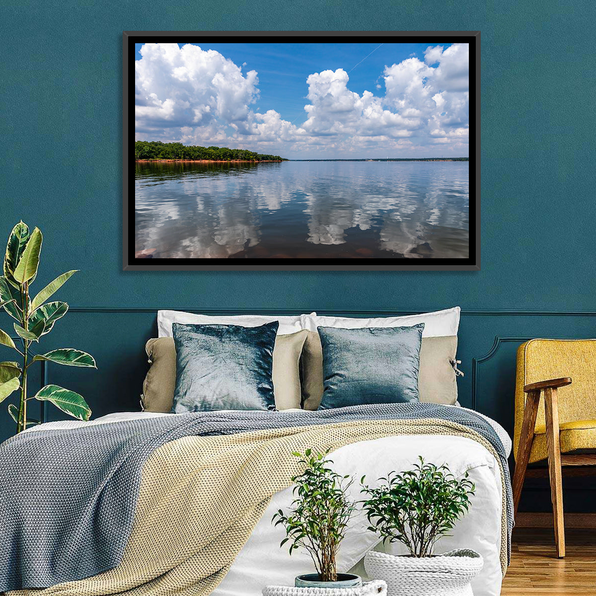 Thunderbird Lake Reflections Wall Art in a room, landscape