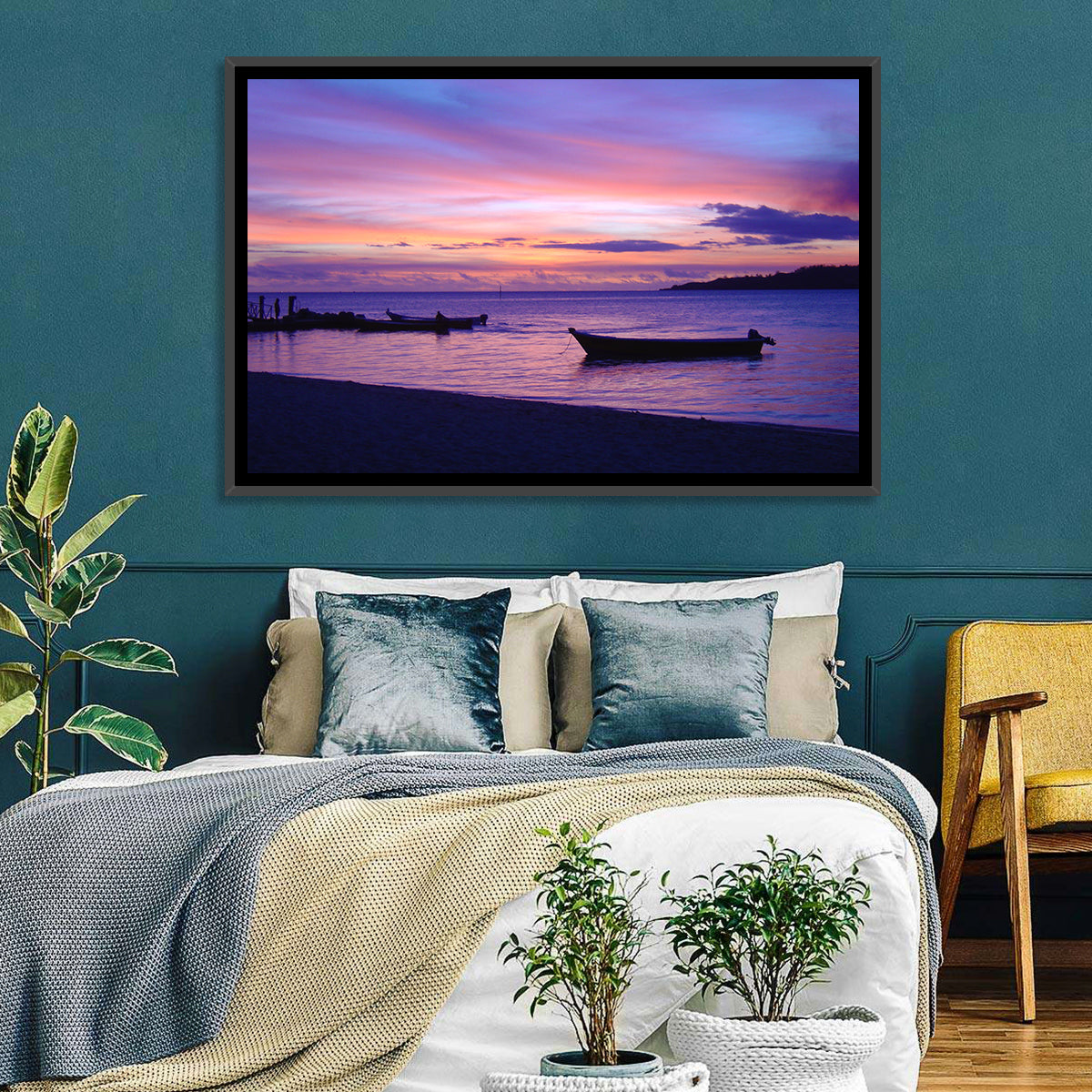 Malolo Island Sunset with Moored Boats Wall Art in a room, landscape