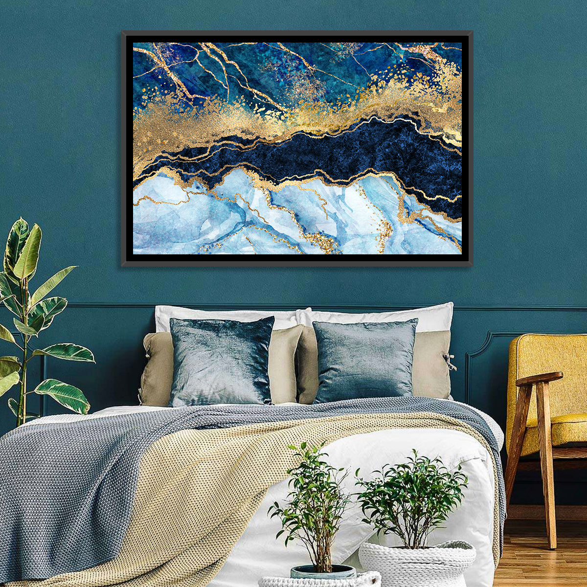 Navy Blue Marble with Gold Veins Wall Art in a room, landscape