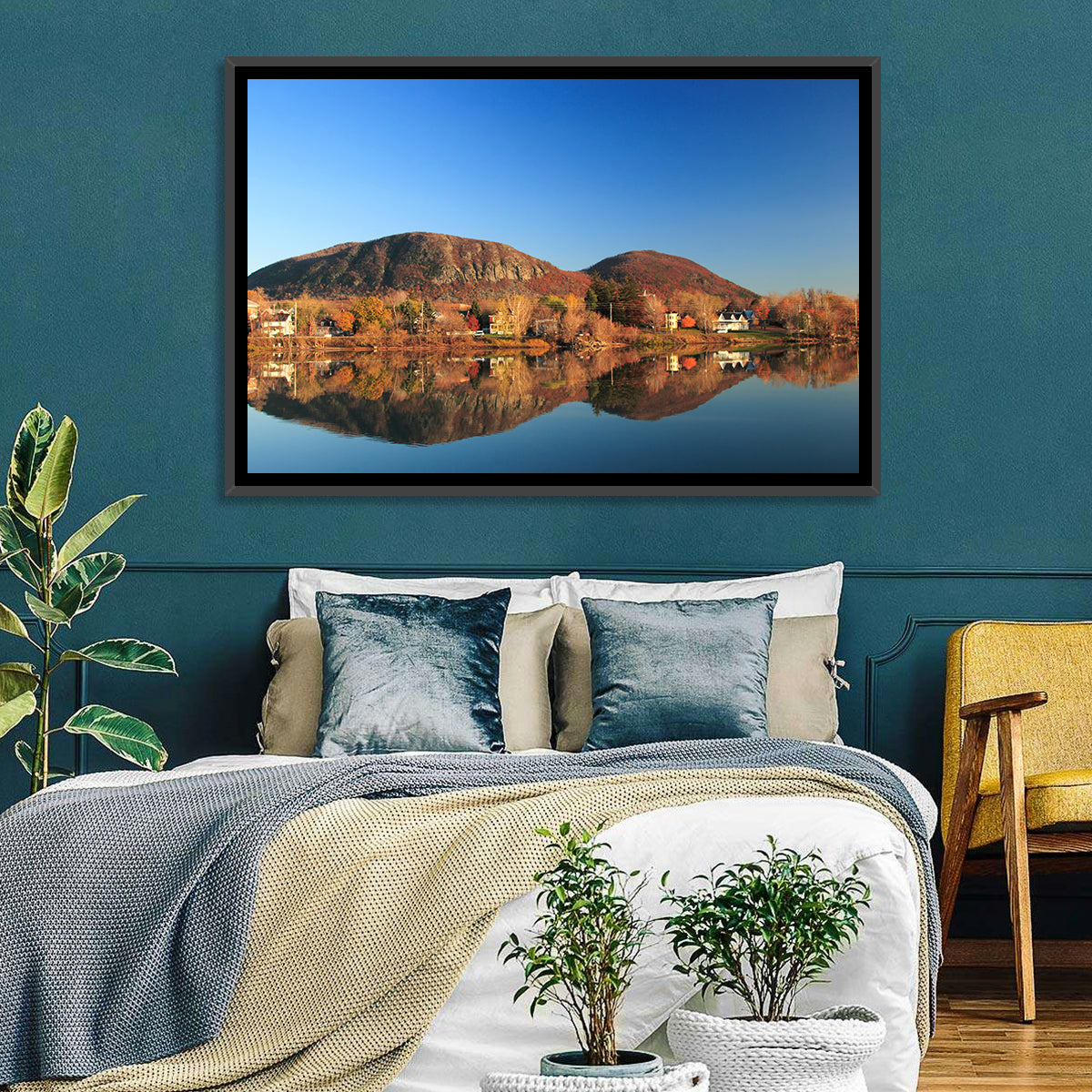 Mont Saint-hilaire Autumn Reflection Wall Art in a room, landscape