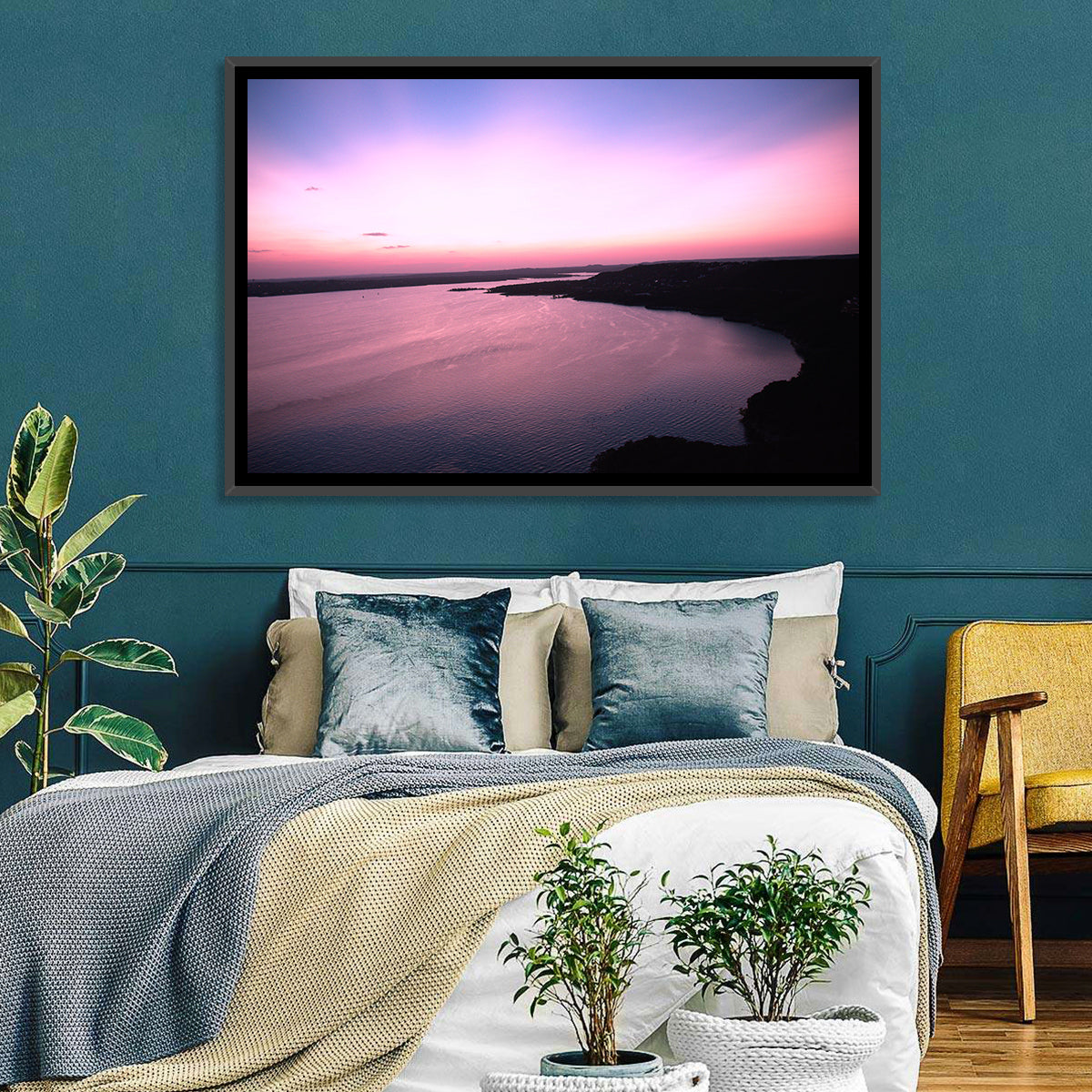 Lake Travis Purple Sunset Wall Art in a room, landscape