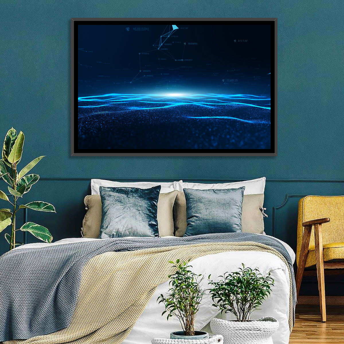 Digital Data Waves Wall Art in a room, landscape