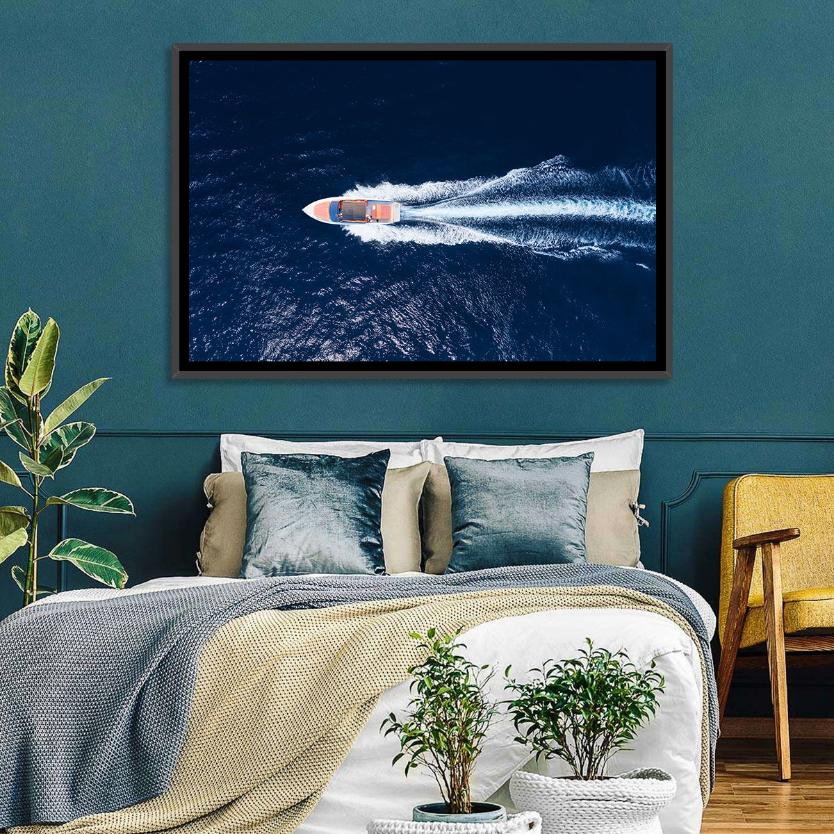 Sleek Speedboat Over Navy Sea Wall Art in a room, landscape