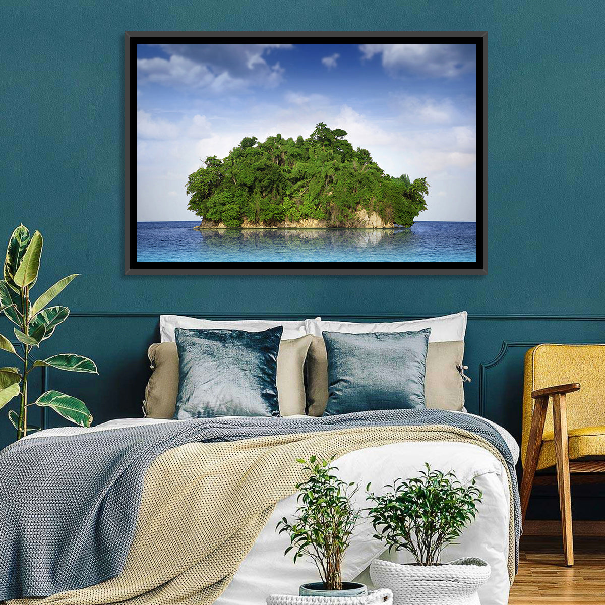Tranquil Tropical Island Reflection Wall Art in a room, landscape