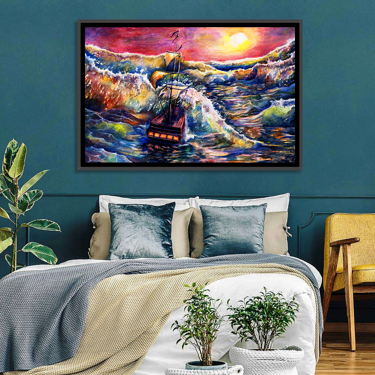 Stormy Sunset Sailing Ship Wall Art in a room, landscape