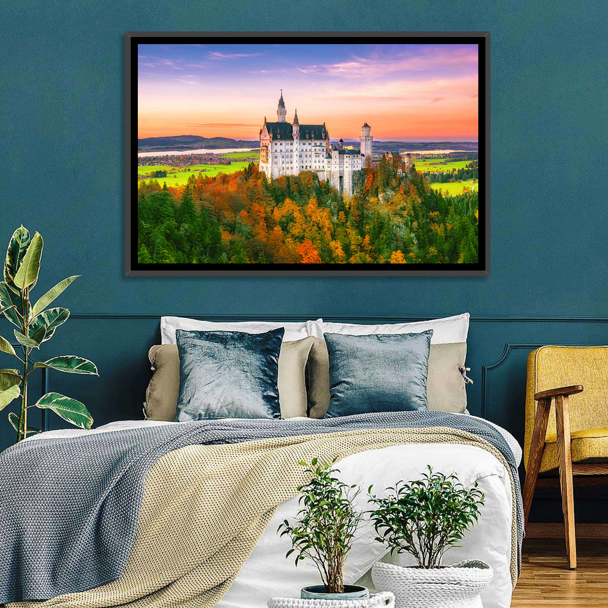 Neuschwanstein Castle at Autumn Sunset Wall Art in a room, landscape