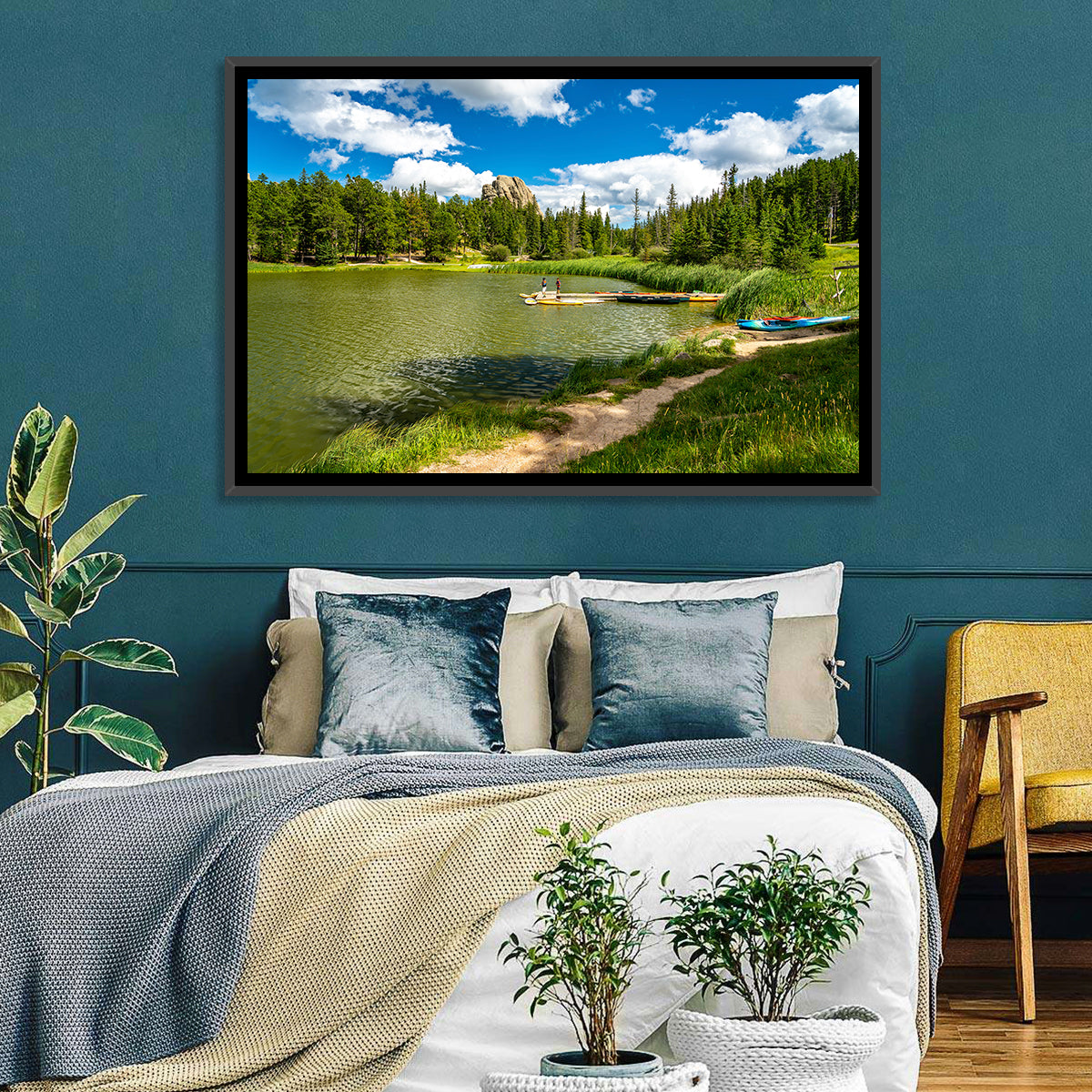 Sylvan Lake Dockside Scene Wall Art in a room, landscape