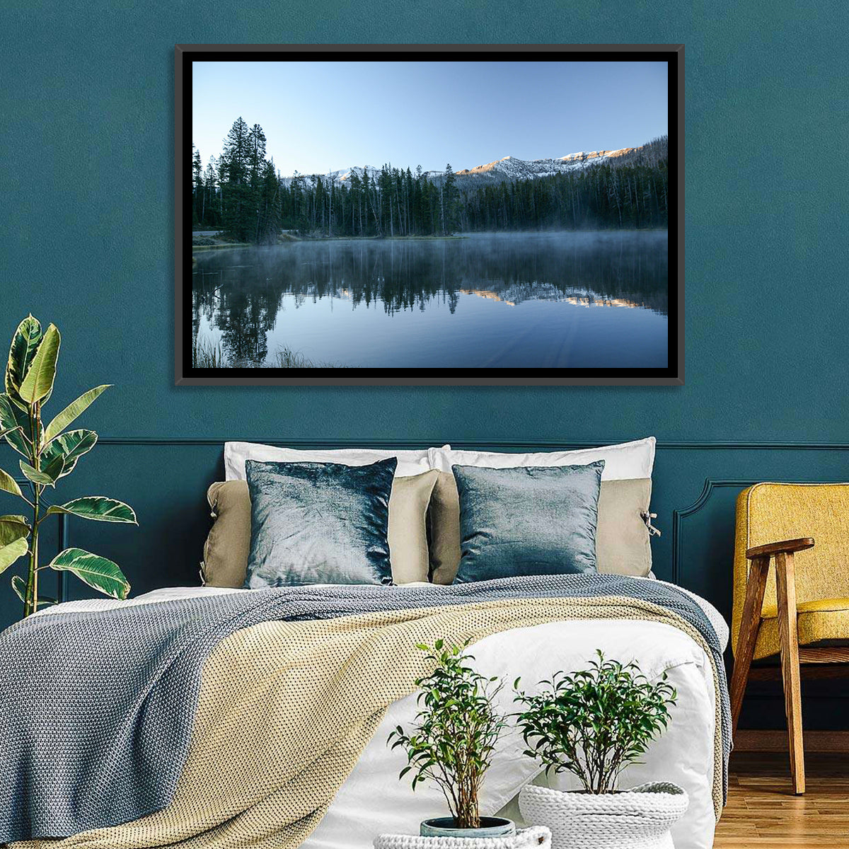 Sylvan Lake Morning Mist Wall Art in a room, landscape