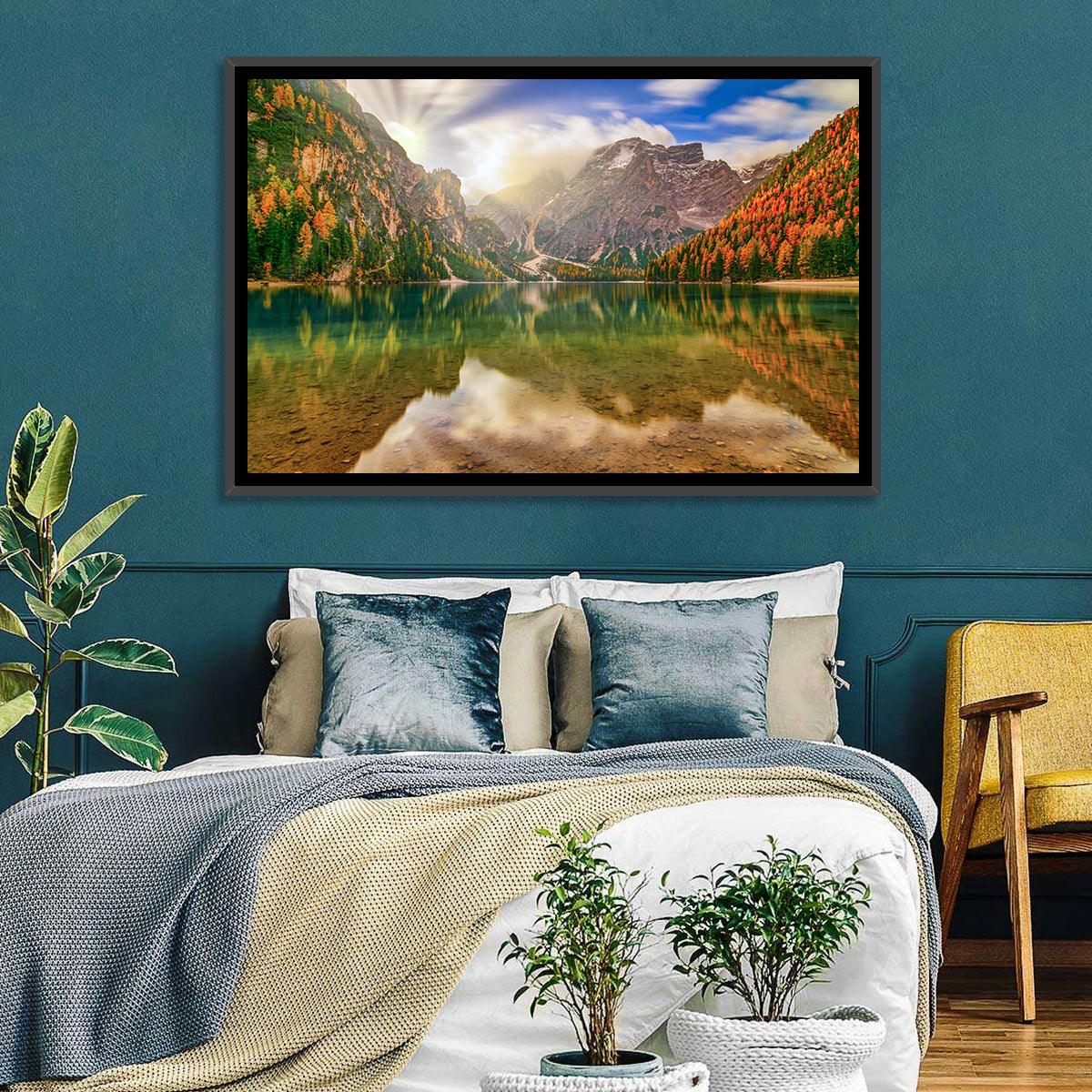 Lago Di Braies Sunrise Wall Art in a room, landscape
