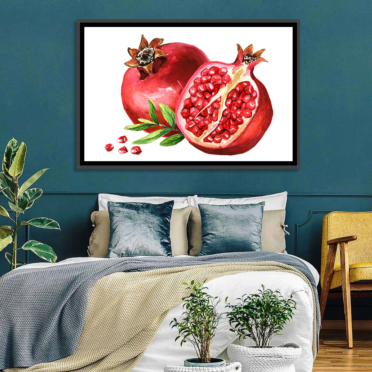 Fresh Pomegranate Watercolor Wall Art in a room, landscape