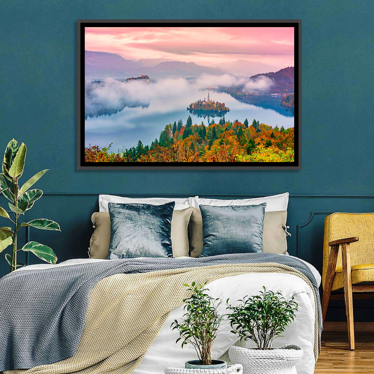 Misty Morning Over Lake Bled Wall Art in a room, landscape