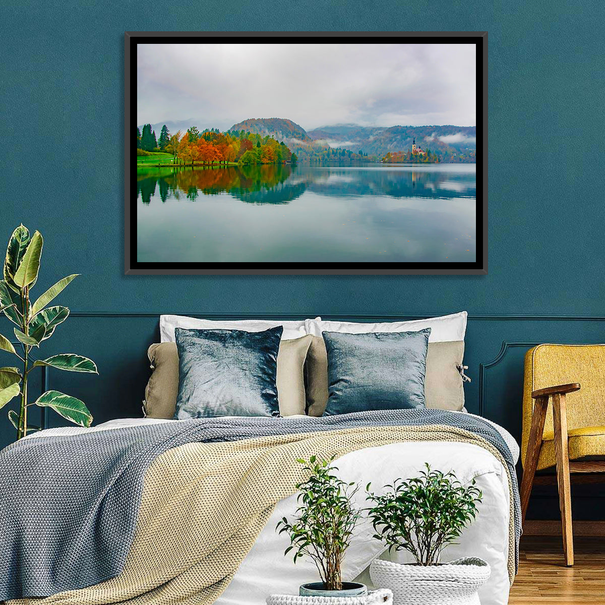 Lake Bled Island Church Wall Art in a room, landscape