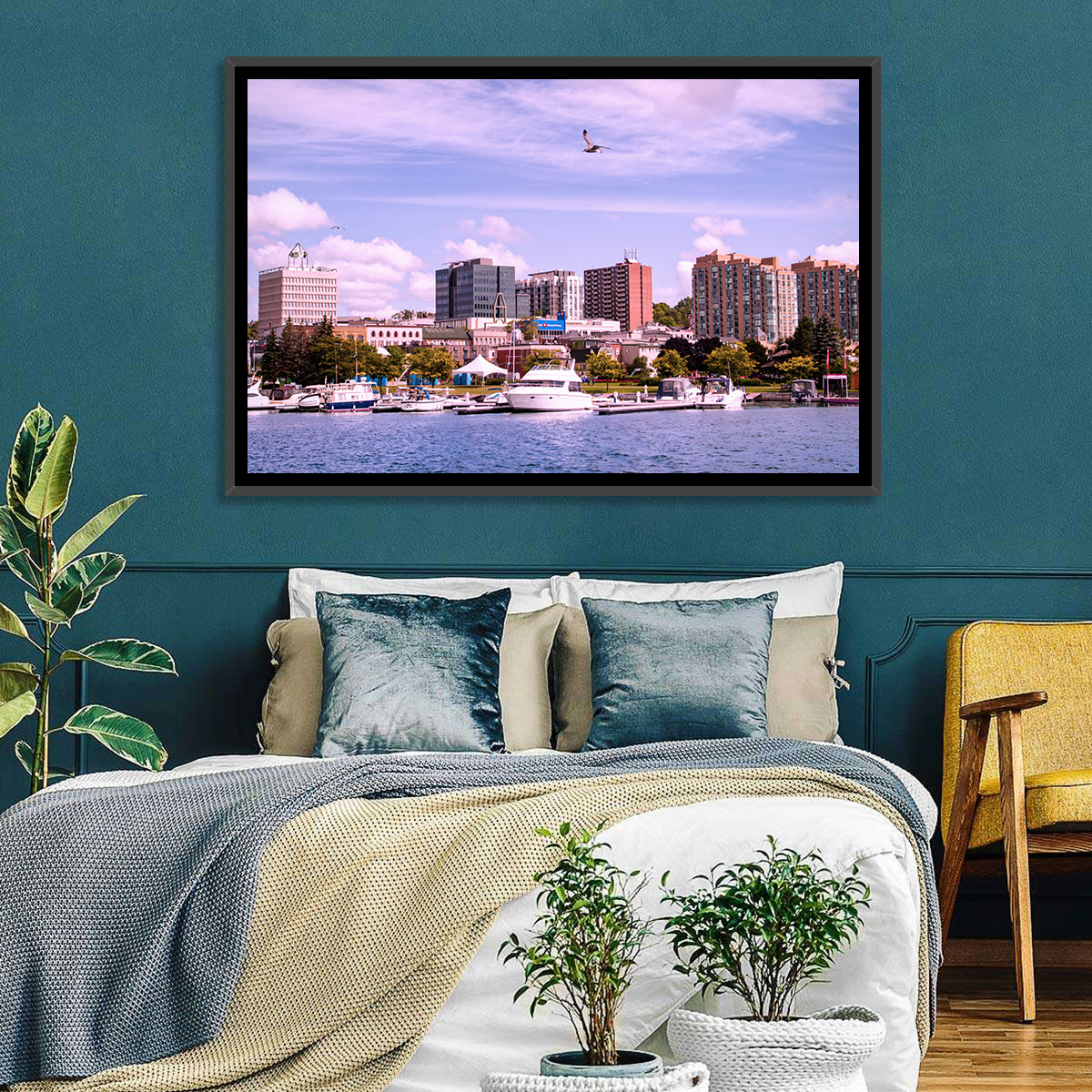 Barrie Lakefront Skyline Wall Art in a room, landscape